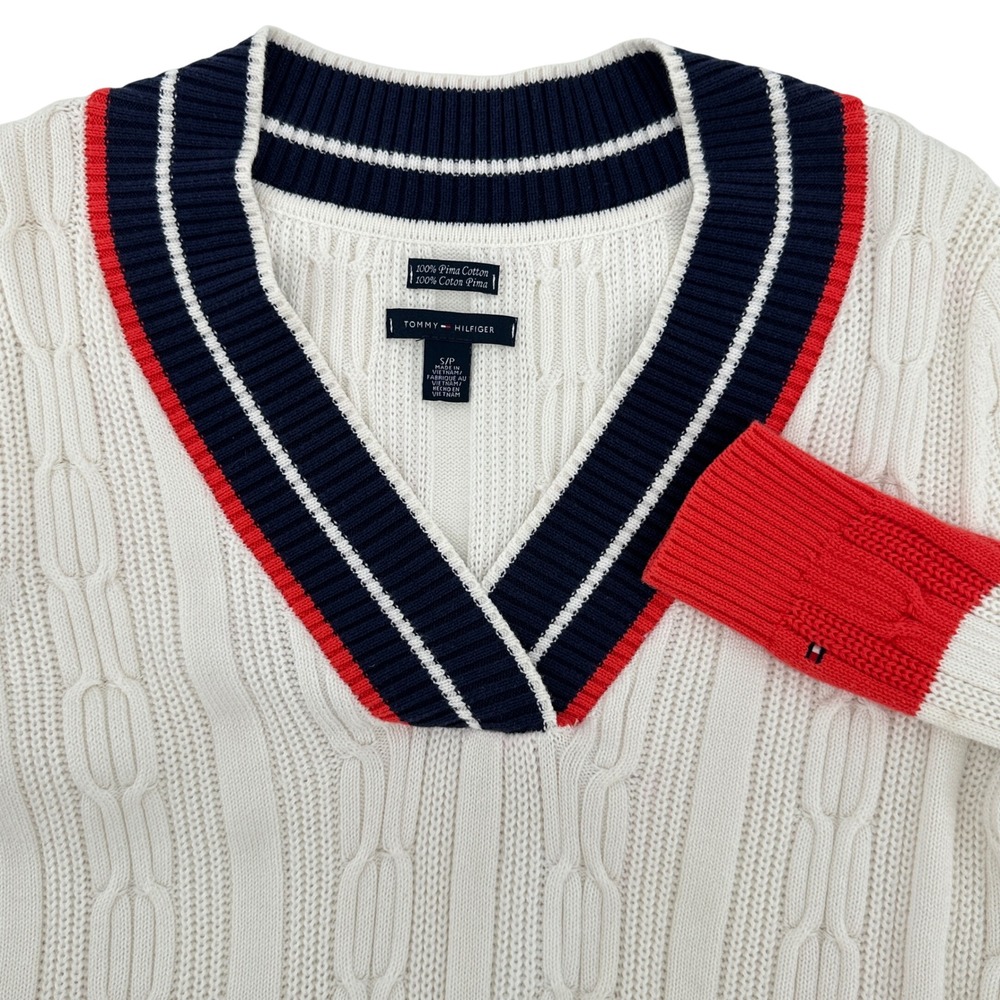Tommy Hilfiger Womens Small V‎ Neck Cable Knit Sweater CLASSIC 100% Pima Cotton